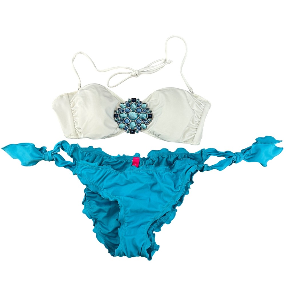 Victoria's Secret Bikini Set White Blue Jeweled Bandeau M Scrunchy Cheeky 2012